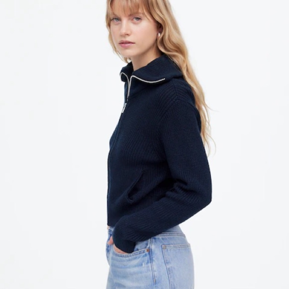 Madewell Ribbed Zip-Front Cardigan in Navy Size S - Picture 2 of 5